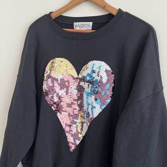 Wildfox Harlequin Heart Fifi Sequin Sweatshirt XS Black Oversized Rainbow Grunge - Picture 9 of 12